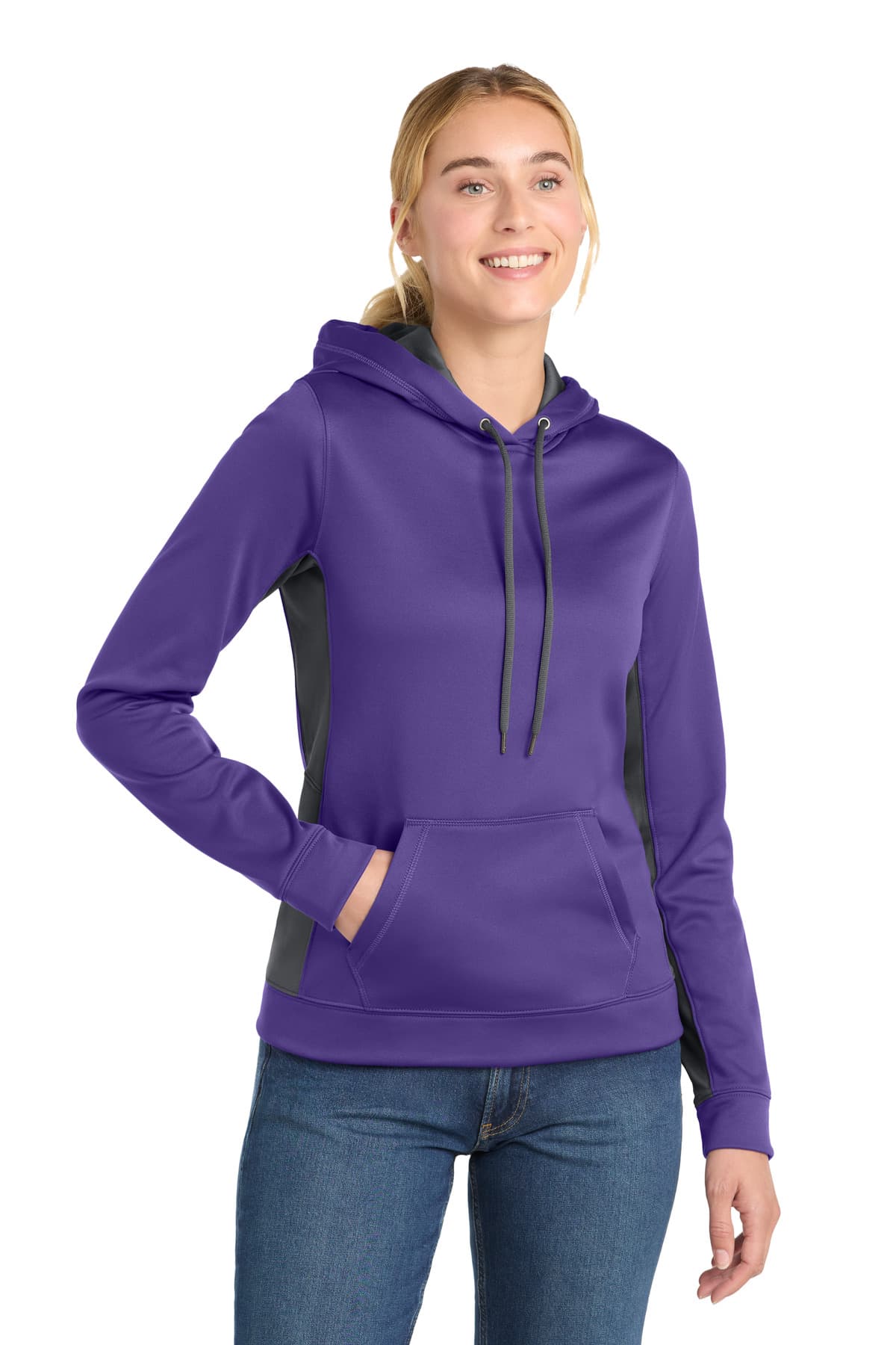 DISCONTINUED Sport-Tek Women's Sport-Wick Fleece Colorblock Hooded Pullover. LST235