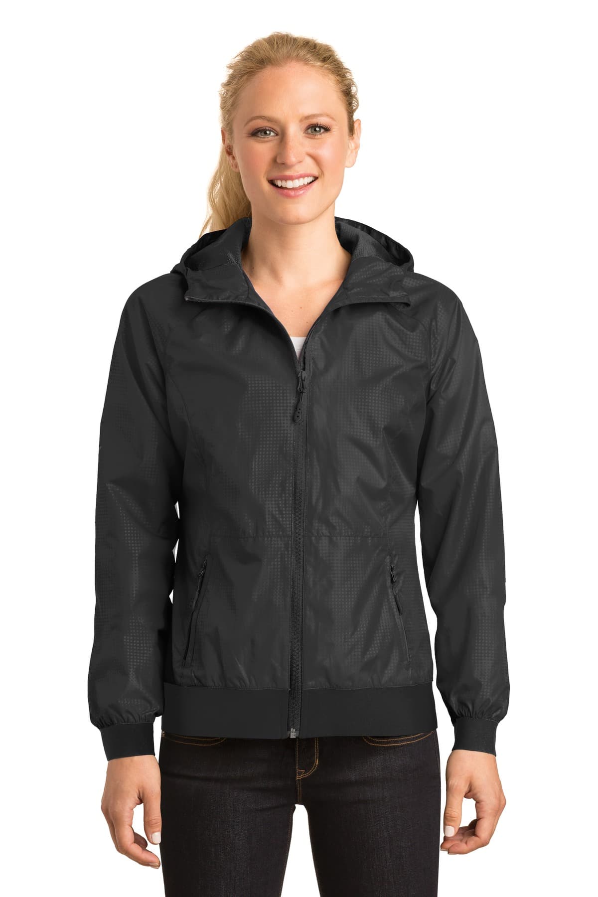 DISCONTINUED Sport-Tek Ladies Embossed Hooded Wind Jacket. LST53