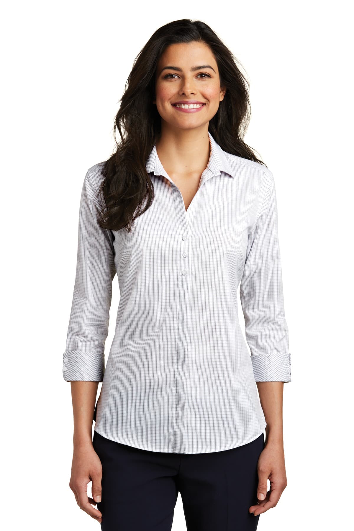 DISCONTINUED Port Authority Ladies 3/4-Sleeve Micro Tattersall Easy Care Shirt. LW643