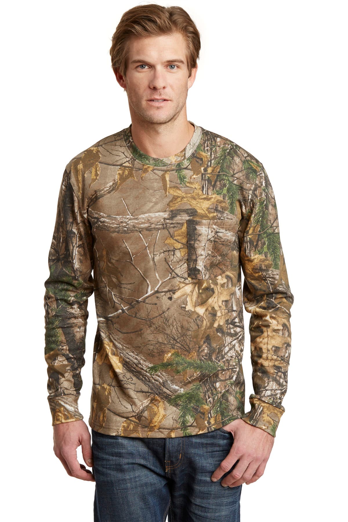 DISCONTINUED Russell Outdoors Realtree Long Sleeve Explorer 100% Cotton T-Shirt with Pocket. S020R